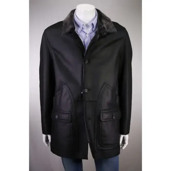 LaMatta Men's Black Leather Shearling Lined Coat Eu 54 - US 44 - Picture 1 of 10